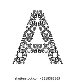 A B C D E F G H I J K L M N O P Q R T U V W X Y Z font set with aztec and oceania tattoo style. Doodle font letters collection with decorative, floral and etnic elements. 