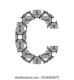 A B C D E F G H I J K L M N O P Q R T U V W X Y Z font set with aztec and oceania tattoo style. Doodle font letters collection with decorative, floral and etnic elements. 