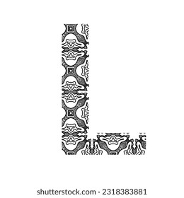 A B C D E F G H I J K L M N O P Q R T U V W X Y Z font set with aztec and oceania tattoo style. Doodle font letters collection with decorative, floral and etnic elements. 