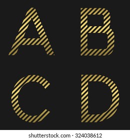 A B C D letters. Golden striped alphabet, vector illustration