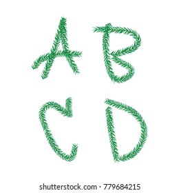 A B C D letters nature font made from pine brance., vector illustration