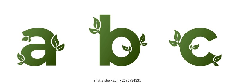 a b c letras minúsculas verdes con hojas. elementos de diseño de alfabeto natural, ecológico y ambiental. imagen vectorial aislada