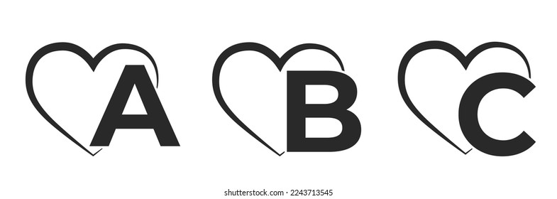 a b c initial letters with heart. valentine's day, romantic and love alphabet design. isolated vector image in simple style