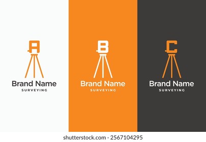 A B C initial letters with theodolite and tripod logo. Land surveying, civil engineering symbol icon logo design concept