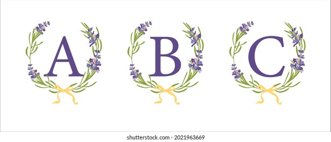 A B C letter. Set modern hand-drawn flat sketch illustrations. Lavender flower wreath with alphabet monogram. good idea for wedding art decor. Vintage vector typographic emblem, logo, label design