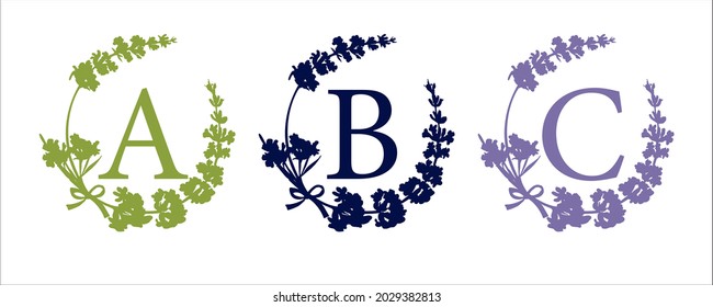 Carta B C. Dispone de ilustraciones de sketch de siluetas dibujadas a mano. Flor de lavanda con monograma Buena idea para decoración de arte de boda Emblema tipográfico vintage, logotipo, diseño de etiqueta