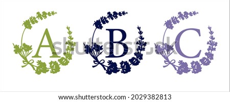 A B C letter. Set modern hand-drawn silhouette sketch illustrations. Lavender flower wreath with alphabet monogram Good idea for wedding art decor Vintage vector typographic emblem, logo, label design