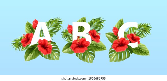 A B C letters surrounded by summer tropical leaves and red hibiscus flowers. Tropical font for summer decoration. Vector illustration EPS10