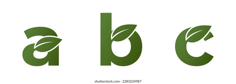 a b c lowercase letters with leaf. creative alphabet logo design. eco friendly and environment symbol. isolated vector image in simple style