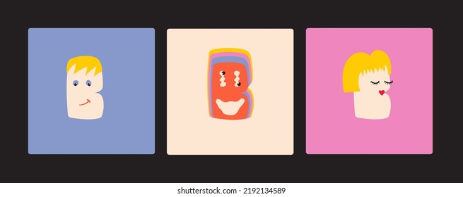 B character letter handcrafted logo, emblem, kids card. Vector hand drawn cute monster, man and woman cartoon character illustration of Alphabet-b.
