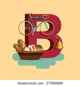 B - Children Learning Alphabet Education Set. Bread, Basket, Bell, Bicycle.