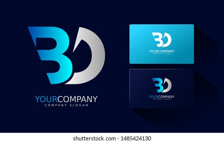 B D Logo and business card. BD Letter modern Design Vector with blue and silver gradient color.