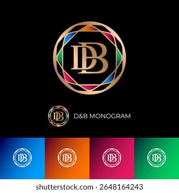 B and D monogram. Openwork frame  ornament like gemstone cut consist of gold lines and color facets.  Logo for beauty industry, fashion, jewelry shop.