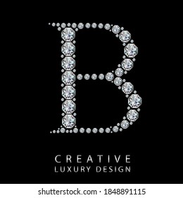 B Diamantbrief, Vektorgrafik. Weißes Edelsteinlogo für Ihr Luxusgeschäft, Ihr Casino, Ihren Schmuck oder Ihre Website. Oberer Brief mit vielen funkelnden Diamanten einzeln auf schwarzem Hintergrund.