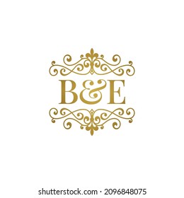 B E initials logo ornament gold. Letter BE wedding ampersand or business partner symbol