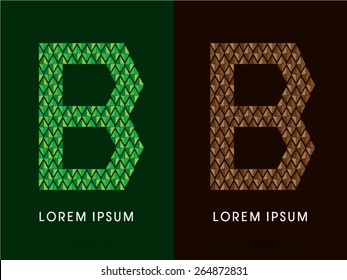 B , font, concept leaf and rock, designed using colors green and brown colors tone geometric shape on dark background, sign ,logo, symbol, icon, graphic, vector.