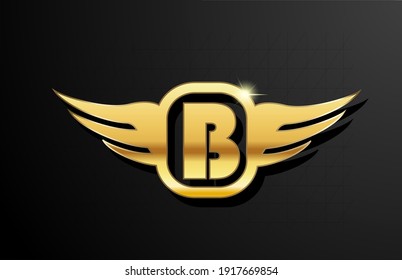 B gold letter logo alphabet for business and company with yellow color. Corporate brading and lettering with golden metal design and wings