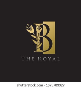 B Gold Letter Logo With Luxury Floral Design. Vintage drawn emblem for book design, brand name, business card, Restaurant, Boutique, Hotel.  