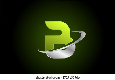 B Green Metallic Alphabet Letter Logo Icon For Business And Company With Grey Swoosh Design