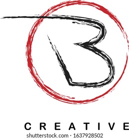 B grunge brush stroke letter alphabet logo icon design template with circle in black and red for business. Suitable for a company design, label, emblem, logo or web page.