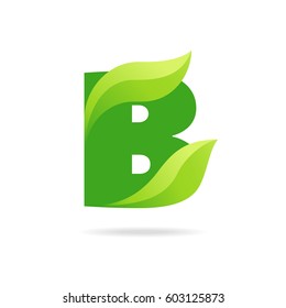 B icon with green leaves. Vector eco design.