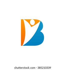 B initial alphabet letter logo with negative space swoosh man, orange blue