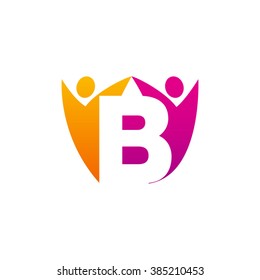 B initial alphabet letter logo with teamwork swoosh man, orange purple