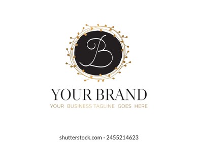 B Initial Letter Black and Gold Floral Hand Drawn Brand Logo