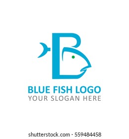 B Initial Letter. Blue Fish Logo. Animal Icon Logo