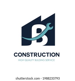 B Initial Letter for Flat Minimalist Modern Construction Logo Design. Simple renovation business logo with wrench equipment tool. Building repair and maintenance brand