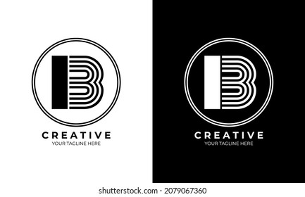 B Initial Letter Line Logo Monogram with Solid Color and Line Element in Circle on Black and white Background, Creative Vector Design Template, Emblem, Symbol.