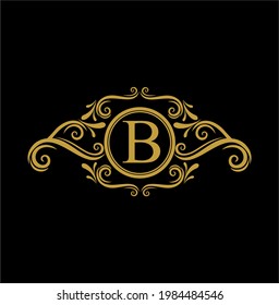 B Initial Letter Luxury Golden Monogram Logo mit Frame Ornament für Boutique, Beauty Spa, Hotel, Resort, Restaurant, Juwelen, Kosmetik Logo Design. Ursprüngliche Goldene Hochzeitserklärung