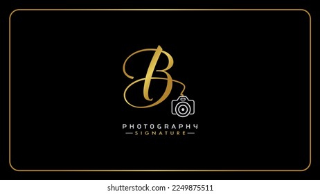 B, b Initial letter photography logo. Alphabet B Handwritten photography Signature. Creative Golden handwriting letters B icon with camera.