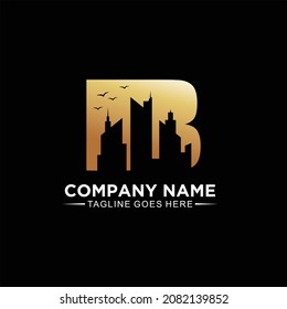 B initial logo for real estate or construction design concept with gold gradient color