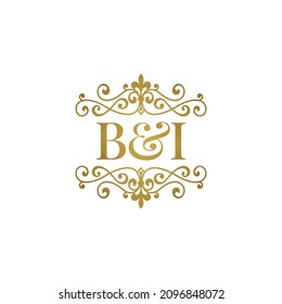 B I initials logo ornament gold. Letter BI wedding ampersand or business partner symbol