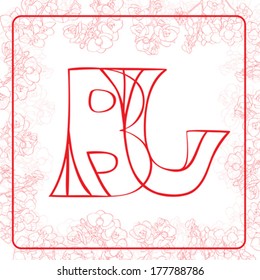 B and J letters, hand drawn illustration of a monogram surrounded by a floral frame with orchids