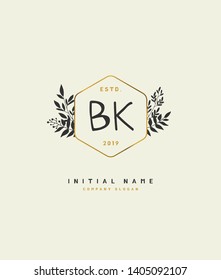 B K BK Beauty vector initial handwriting logo of wedding, fashion, jewerly, heraldic, boutique, floral and botanical with creative template for any company or business.
