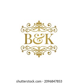 B K initials logo ornament gold. Letter BK wedding ampersand or business partner symbol