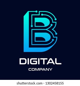 The B letter 3 dimensions or 3D with dot and technology symbol on dark blue background in the style of modern. This logo is suitable for industrial, mechanical, connection, business and automotive.