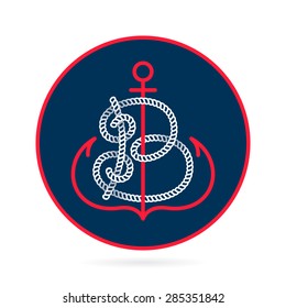 B letter with an anchor and rope vector vintage label, logo, icon design template element. This badge can be used as trademark or a print on fabric.