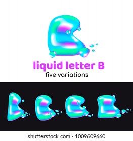 B letter is an aqua logo. Liquid volumetric letter with droplets and sprays for the corporate style of the company or brand on the letter B. Juicy, watery, holographic style.