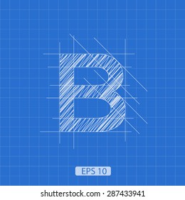 B letter architectural plan on blue print background