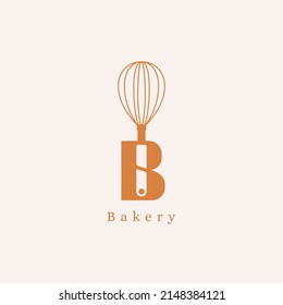 B letter with balloon whisk food bakery logo icon sign design concept