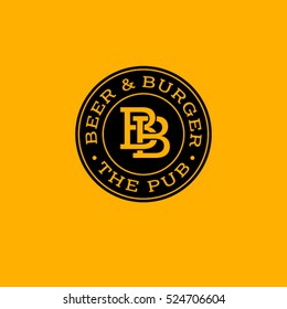 B Letter. Beer Pub Logo. Beer And Burger Pub Emblem.  Monogram Double B In A Circle On A Yellow Background