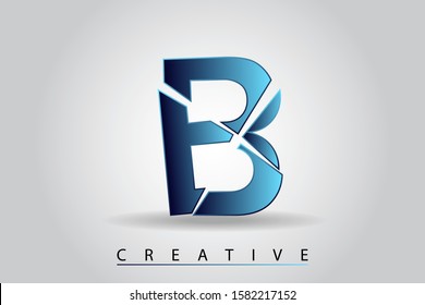 B letter with broken glass effect. Blue shattered letter with falling pieces vector illustration for logo, monogram, label, cover, emblem, company name, glass business, firm sign or web page design.