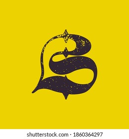 B letter calligraphy logo in horror style with grunge texture. Stylish terrible font for your fear corporate identity, circus emblem, nightlife posters, medieval style design, and etc. 