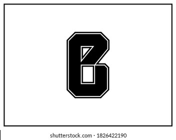 B letter classic american, college style font. Uniform letter in black with a black outside contour line. Vintage sport font.For jersey, t-shirt, basketball, baseball, football. Isolated vector