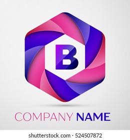 B Letter colorful logo in the hexagonal on grey background. Vector template for your design