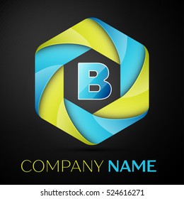 B Letter colorful logo in the hexagonal on black background. Vector template for your design
