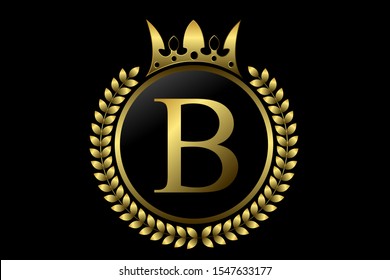 Logotipo de la letra B y del monograma de la corona. Laurel de lujo con corona dorada. Elegante vector para emblema, logotipo, tarjeta, insignia, antigüedades, restaurante, cafetería, boutique, hotel, heráldico, joyería, producto o nombre de empresa